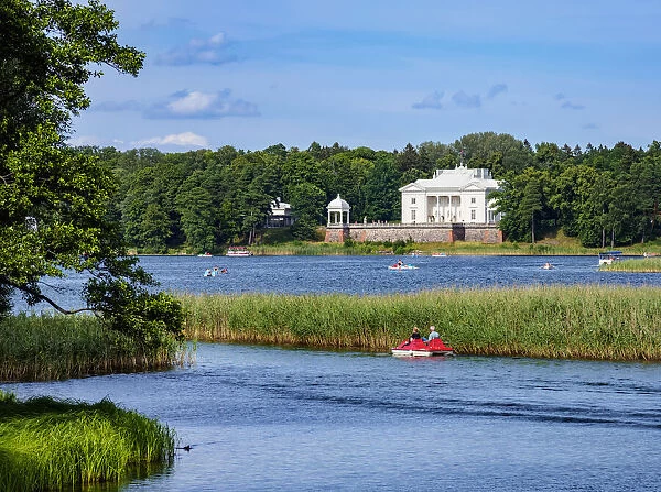 View over Lake Galve towards Uzutrakis Manor, Trakai, Lithuania