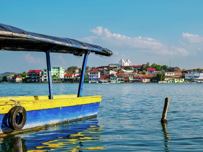 Framed Print : View over the Lake Peten Itza towards Flores Island, Peten Department, Guatemala Framed Print : View over the Lake Peten Itza towards Flores Island, Peten Department, Guatemala