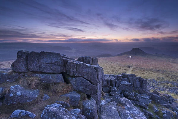 View towards Leather Tor from Sharpitor at dawn, Dartmoor National Park, Devon, England