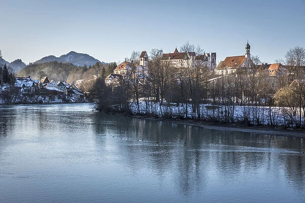 View from the Lech Bridge to the old town of Fuessen, Allgaeu, Bavaria, Germany