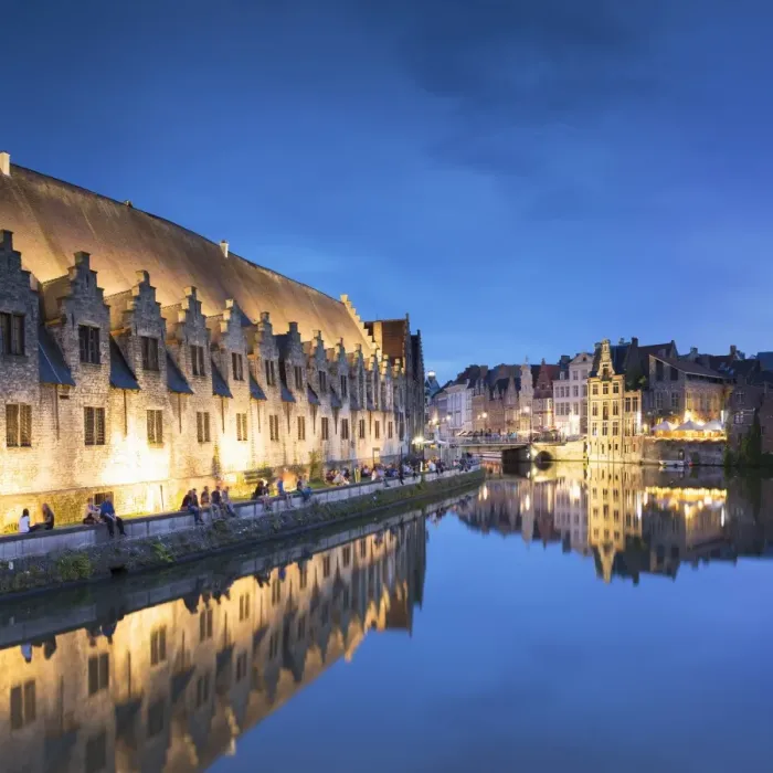 Framed Print : View of Leie Canal at dusk, Ghent, Flanders, Belgium Framed Print : View of Leie Canal at dusk, Ghent, Flanders, Belgium