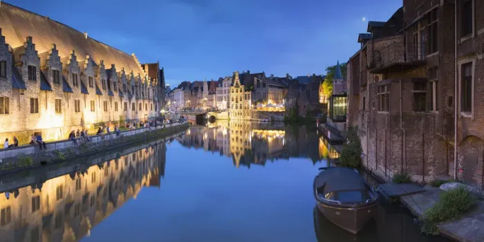Framed Print : View of Leie Canal at dusk, Ghent, Flanders, Belgium Framed Print : View of Leie Canal at dusk, Ghent, Flanders, Belgium