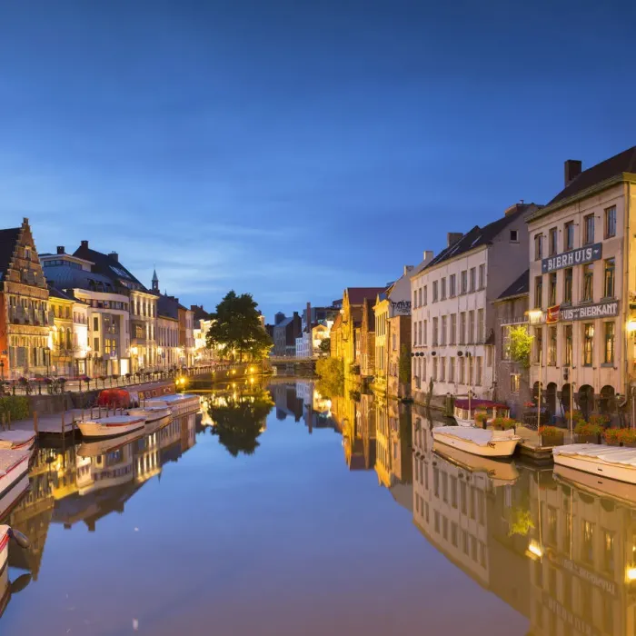 Framed Print : View of Leie Canal at dusk, Ghent, Flanders, Belgium Framed Print : View of Leie Canal at dusk, Ghent, Flanders, Belgium
