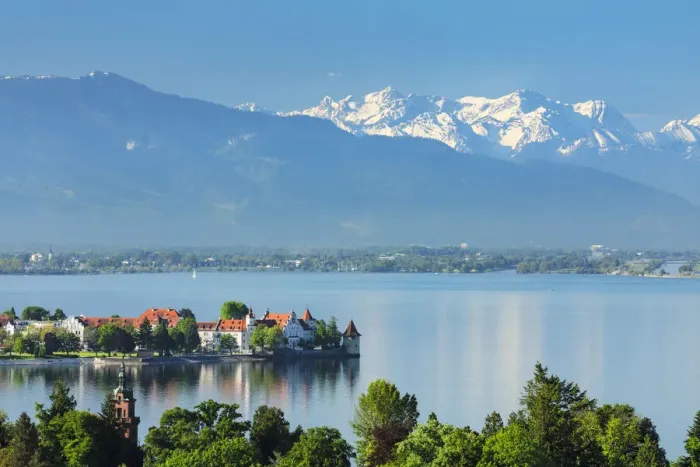 Framed Print : View over Lindau and Lake Constance to the Swiss Alps, Bayern, Deutschland Framed Print : View over Lindau and Lake Constance to the Swiss Alps, Bayern, Deutschland