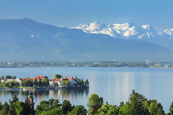 View over Lindau and Lake Constance to the Swiss Alps, Bayern, Deutschland