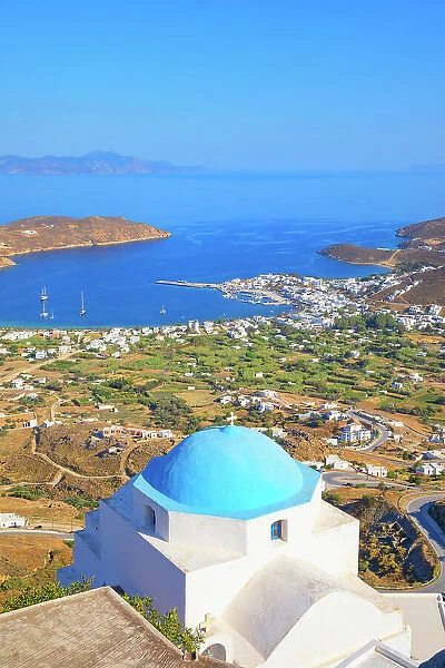 View of Livadi bay from the top of Chora village, Chora, Serifos Island, Cyclades Islands, Greece