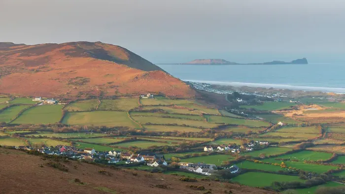Framed Print : View from Llanmadoc Hill over the village of Llangennith towards Rhossili Bay and Worm's Head, Gower Peninsula, South Wales, UK. Spring (March) 2022 Framed Print : View from Llanmadoc Hill over the village of Llangennith towards Rhossili Bay and Worm's Head, Gower Peninsula, South Wales, UK. Spring (March) 2022