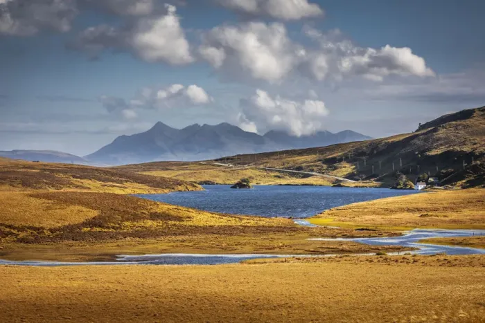 Framed Print : View across Loch Fada to the Cuillin Hills, Isle of Skye, Highlands, Scotland Framed Print : View across Loch Fada to the Cuillin Hills, Isle of Skye, Highlands, Scotland