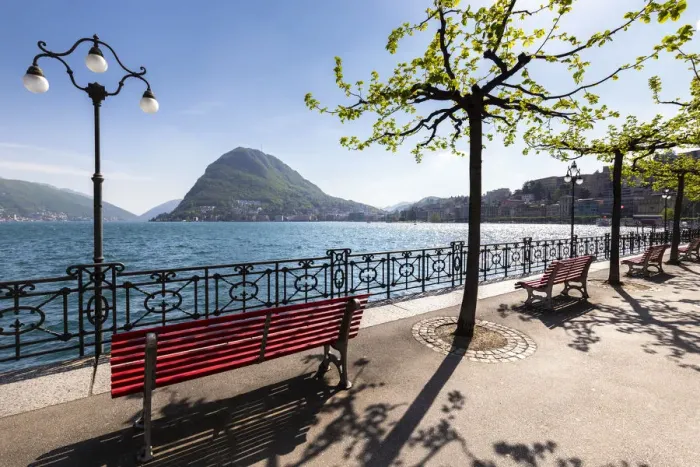 Framed Print : View of Lugano lakefront on a spring day, Canton Ticino, Switzerland Framed Print : View of Lugano lakefront on a spring day, Canton Ticino, Switzerland