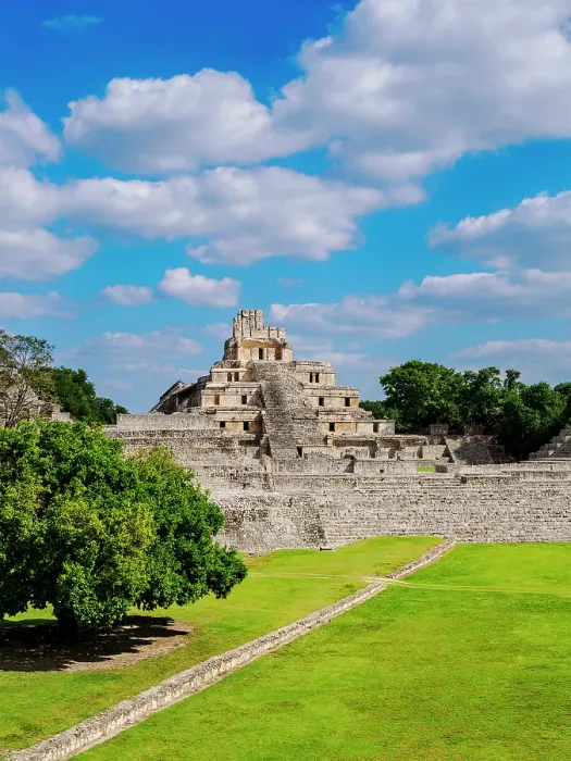 Framed Print : View over Main Plaza towards Great Acropolis and Temple of Five Floors, Edzna Archaeological Site, Campeche State, Mexico Framed Print : View over Main Plaza towards Great Acropolis and Temple of Five Floors, Edzna Archaeological Site, Campeche State, Mexico