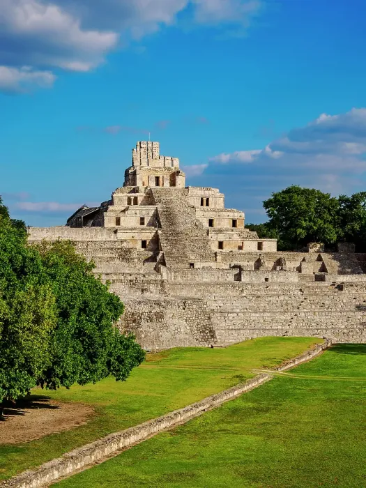 Framed Print : View over Main Plaza towards Great Acropolis and Temple of Five Floors, Edzna Archaeological Site, Campeche State, Mexico