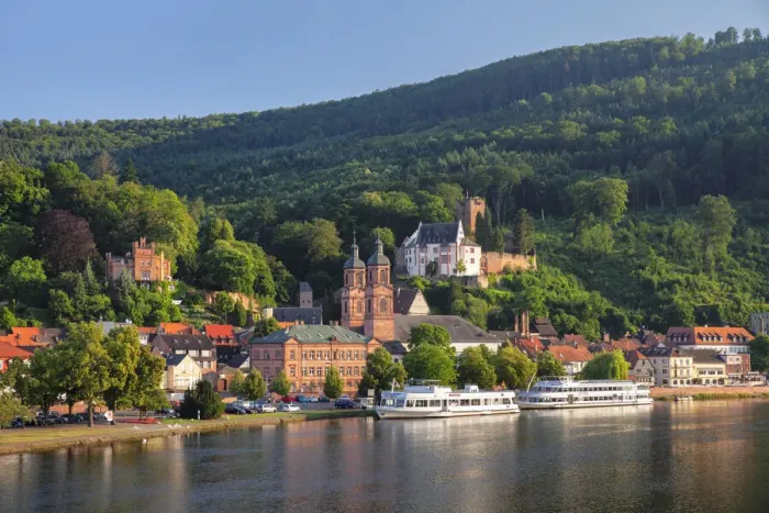 Framed Print : View across Main River to Miltenberg with St. Jacobs Church and Castle, Lower Franconia, Bavaria, Germany Framed Print : View across Main River to Miltenberg with St. Jacobs Church and Castle, Lower Franconia, Bavaria, Germany