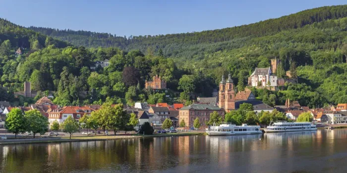 Framed Print : View across Main River to Miltenberg with St. Jacobs Church and Castle, Lower Franconia, Bavaria, Germany