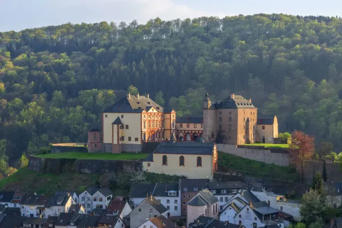 Framed Print : View at Malberg with Castle, Eifel, Kyll valley, Rhineland-Palatinate, Germany