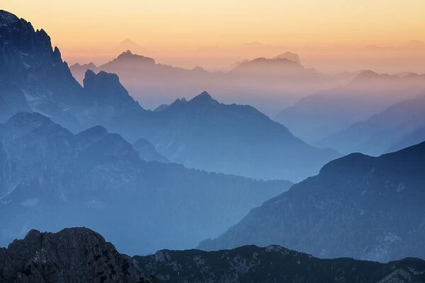 View from Mangrt Pass towards the Julian Alps looking from Slovenia towards the Italy
