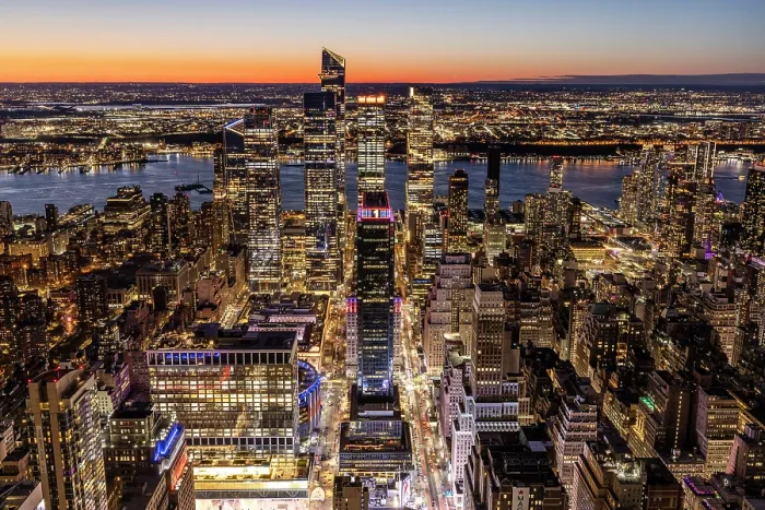 Framed Print : View over Manhattan and the Hudson River towards New Jersey at dusk, from The Empire State Building, Manhattan, New York City, New York, USA Framed Print : View over Manhattan and the Hudson River towards New Jersey at dusk, from The Empire State Building, Manhattan, New York City, New York, USA