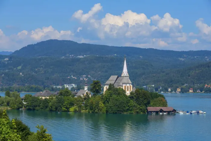 Framed Print : View at Maria Worth and Worthersee, Carinthia, Austria Framed Print : View at Maria Worth and Worthersee, Carinthia, Austria