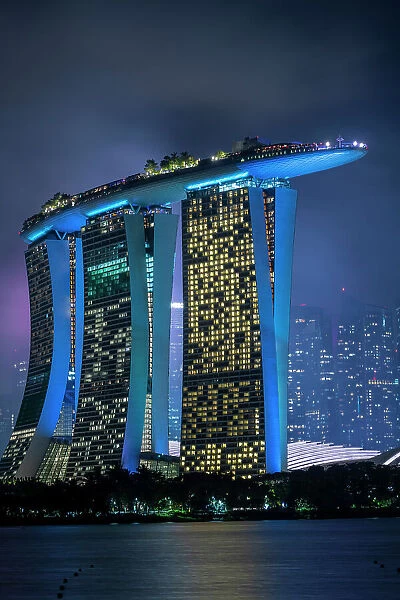 View of Marina Bay Sands and Singapore City skyline at night, Singapore, Asia