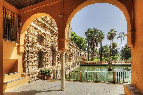 View at the Mercury Pond of the Real Alcazar, UNESCO World Heritage Site, Sevilla