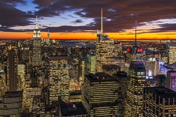 View over Midtown Manhattan skyline at dusk from the Top of the Rock, New York, USA