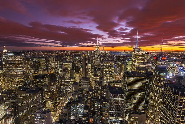 View over Midtown Manhattan skyline at sunset from the Top of the Rock, New York, USA