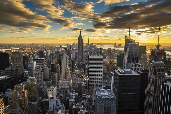 View over Midtown Manhattan skyline at sunset from the Top of the Rock, New York, USA