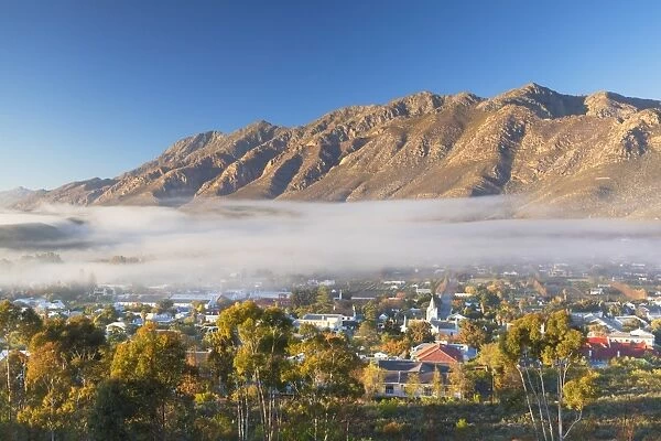 View of mist over Montagu at dawn, Western Cape, South Africa