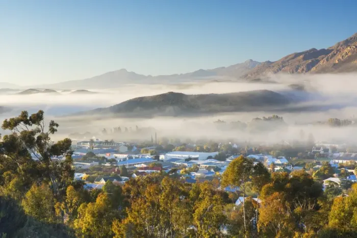 Framed Print : View of mist over Montagu at dawn, Western Cape, South Africa Framed Print : View of mist over Montagu at dawn, Western Cape, South Africa