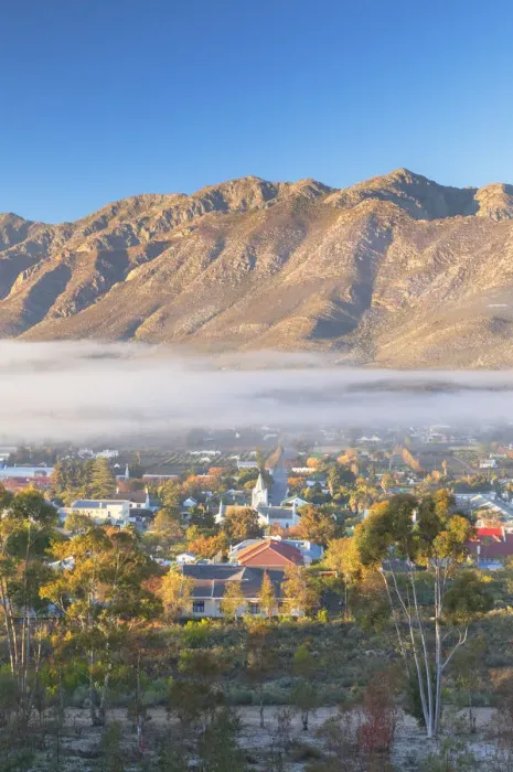 Framed Print : View of mist over Montagu at dawn, Western Cape, South Africa Framed Print : View of mist over Montagu at dawn, Western Cape, South Africa
