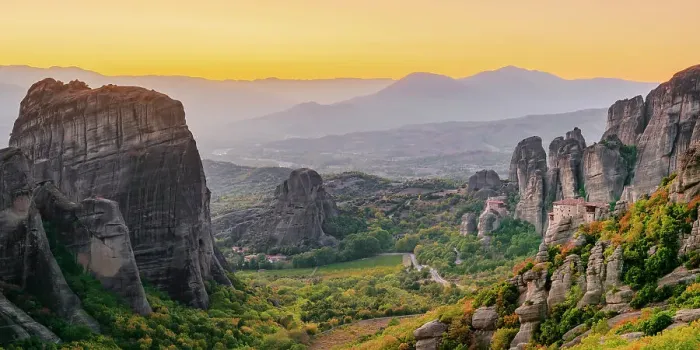 Framed Print : View towards Monasteries of Rousanou and Saint Nicholas Anapafsas at dusk, Meteora, Thessaly, Greece Framed Print : View towards Monasteries of Rousanou and Saint Nicholas Anapafsas at dusk, Meteora, Thessaly, Greece