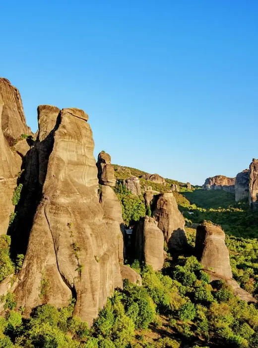 Framed Print : View towards Monasteries of Saint Nicholas Anapafsas and Rousanou at sunset, Meteora, Thessaly, Greece Framed Print : View towards Monasteries of Saint Nicholas Anapafsas and Rousanou at sunset, Meteora, Thessaly, Greece