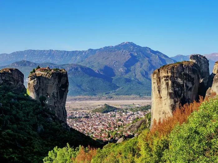 Framed Print : View towards the Monastery of the Holy Trinity and Kalabaka, Meteora, Thessaly, Greece Framed Print : View towards the Monastery of the Holy Trinity and Kalabaka, Meteora, Thessaly, Greece