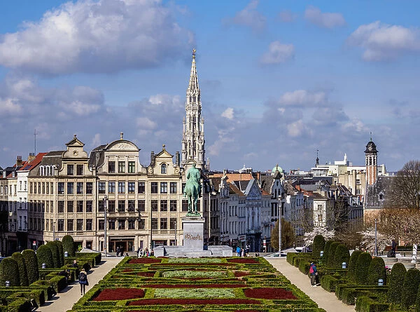 View over Mont des Arts Public Garden towards Town Hall Spire, Brussels, Belgium