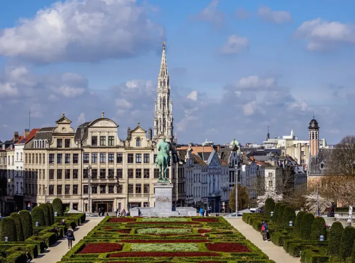 Framed Print : View over Mont des Arts Public Garden towards Town Hall Spire, Brussels, Belgium Framed Print : View over Mont des Arts Public Garden towards Town Hall Spire, Brussels, Belgium