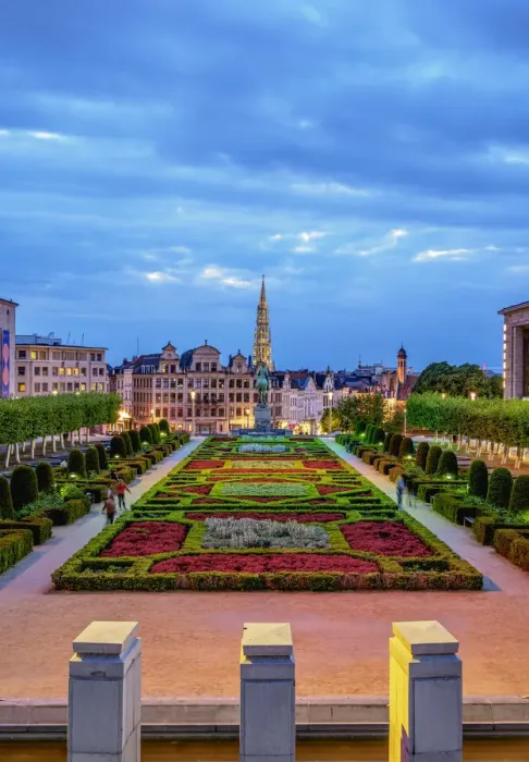 Framed Print : View over Mont des Arts Public Garden towards Town Hall Spire at dusk, Brussels, Belgium Framed Print : View over Mont des Arts Public Garden towards Town Hall Spire at dusk, Brussels, Belgium