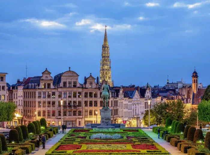 Framed Print : View over Mont des Arts Public Garden towards Town Hall Spire at dusk, Brussels, Belgium Framed Print : View over Mont des Arts Public Garden towards Town Hall Spire at dusk, Brussels, Belgium