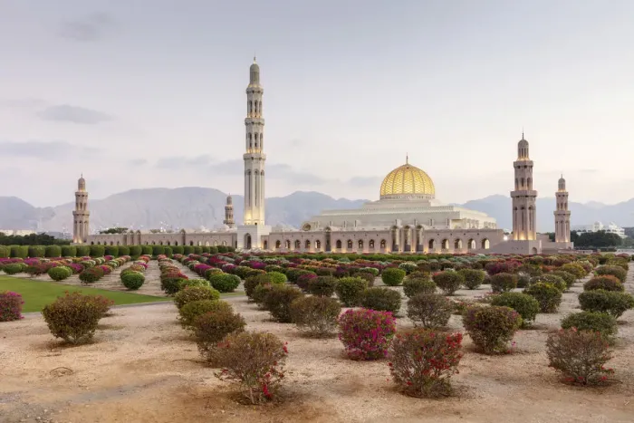 Framed Print : A view of the mosque and gardens illuminated in the evening, Sultan Qaboos grand mosque Framed Print : A view of the mosque and gardens illuminated in the evening, Sultan Qaboos grand mosque