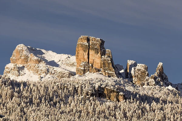 View of mount Averau and Cinque Torri group after a snowfall, Cortina d Ampezzo