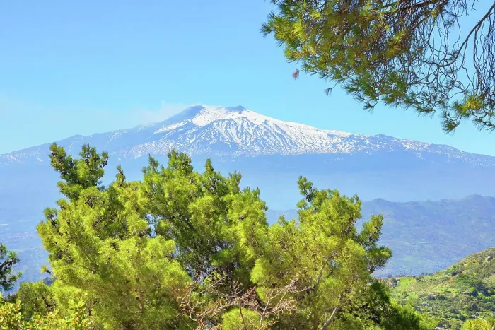 Framed Print : View of mount Etna from Castelmola village, Castelmola, Taormina, Sicily, Italy