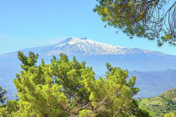 View of mount Etna from Castelmola village, Castelmola, Taormina, Sicily, Italy