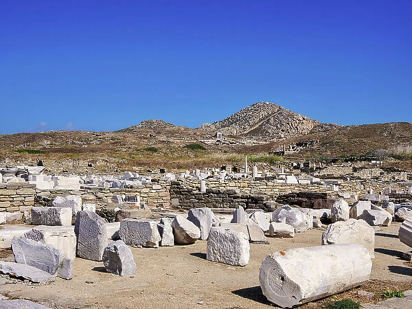 View towards the Mount Kynthos, Delos Archaeological Site, Delos Island, Cyclades, Greece