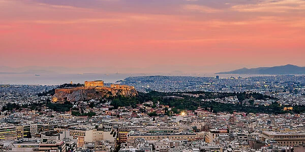View from Mount Lycabettus towards Acropolis at dusk, Athens, Attica, Greece