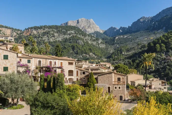Framed Print : View of the mountain village of Fornalutx with Puig Major, the highest peak on Majorca