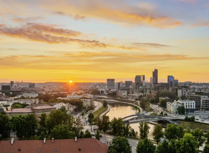 Framed Print : View over Neris River towards Snipiskes, New City Centre, sunset, Vilnius, Lithuania Framed Print : View over Neris River towards Snipiskes, New City Centre, sunset, Vilnius, Lithuania