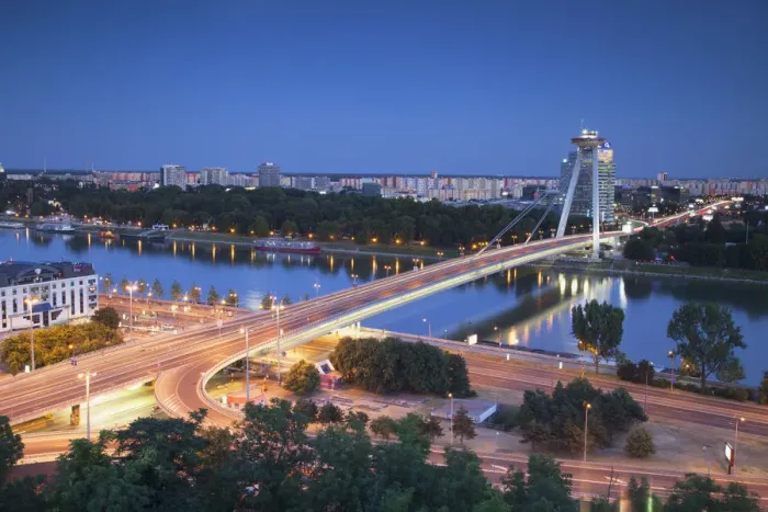 Framed Print : View of New Bridge at dusk, Bratislava, Slovakia Framed Print : View of New Bridge at dusk, Bratislava, Slovakia