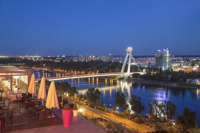 Framed Print : View of New Bridge from Parliament Restaurant at dusk, Bratislava, Slovakia Framed Print : View of New Bridge from Parliament Restaurant at dusk, Bratislava, Slovakia