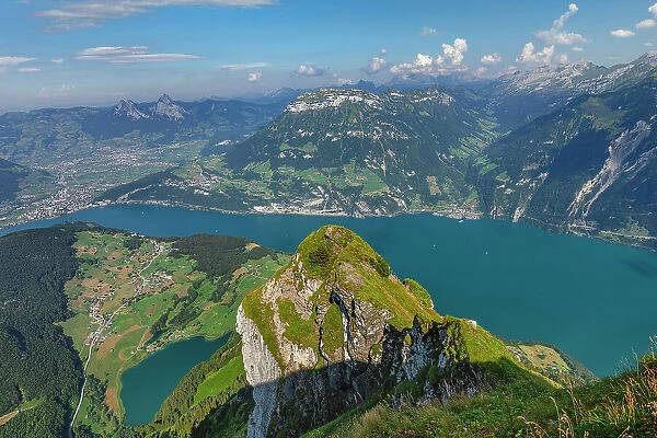 View from Niederbauen Mountain (1923m) to Fronalpstock (2123m) and both Mythen Mountains, Lake Lucerne, Canton Uri, Switzerland
