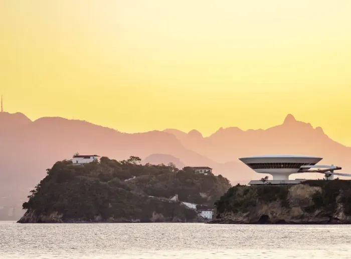 Framed Print : View towards Niteroi Contemporary Art Museum MAC and Boa Viagem Island at sunset, Niteroi Framed Print : View towards Niteroi Contemporary Art Museum MAC and Boa Viagem Island at sunset, Niteroi