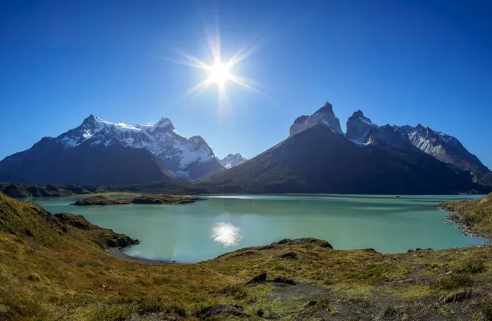 Framed Print : View over Nordenskjold Lake towards Paine Grande and Cuernos del Paine, Torres del Framed Print : View over Nordenskjold Lake towards Paine Grande and Cuernos del Paine, Torres del