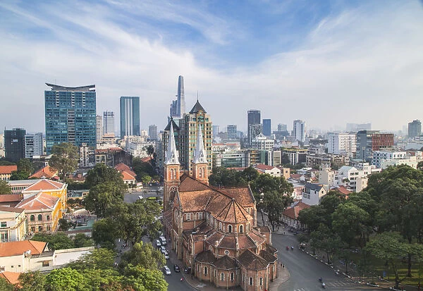 View of Notre Dame Cathedral and city skyline, Ho Chi Minh City, Vietnam